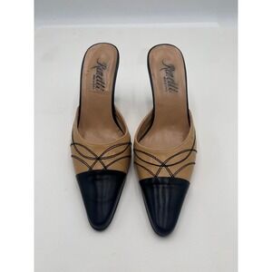 Renetti Women's Tan Black Leather Pointed Toe Mules Heels Size 6.5 M Vintage